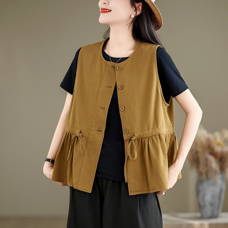 

Design Sensation Loose Women's Vest Top Summer Outerwear Svel Waist-Cinching Trendy Sle Cotton Blend round Ne