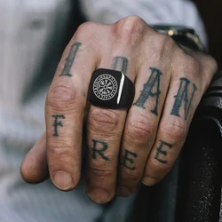 Men Viking Vegvisir Pirate Signet Ring, Free Custom Personalized Stainless Steel Finger Bands Ring for Boys, Amulet Jewelry Gift