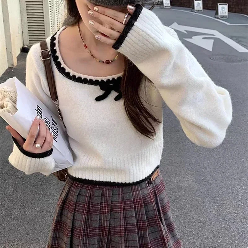 Fashion korean long Sleeve square collar bow Casual solid Knitted Shirt Autumn Winter Knitwear Crop Tops Women Pullover Sweaters