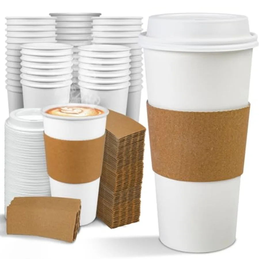 

100 Pack Disposable Paper Coffee Cups with Lids and Sleeves To Go Hot Coffee Cups for Business Office Cafes and Parties