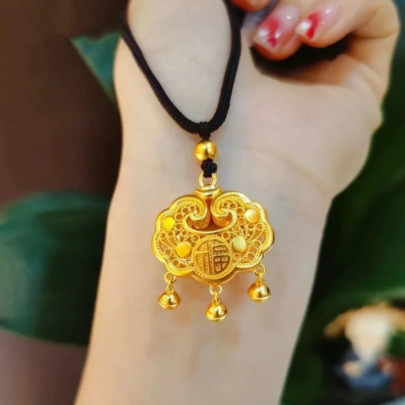 

Copper Gold-Plated Hollowed Out Character Necklace Children's Adults' Auspicious Ancient Method Inheritance Bell Safe And Long