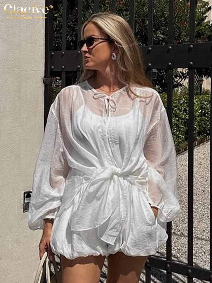 

Clacive Sexy Loose White 2 Piece Set Women Fashion Long Sleeve Shirt With High Wiast Pleated Mini Skirt Set Female Clothing