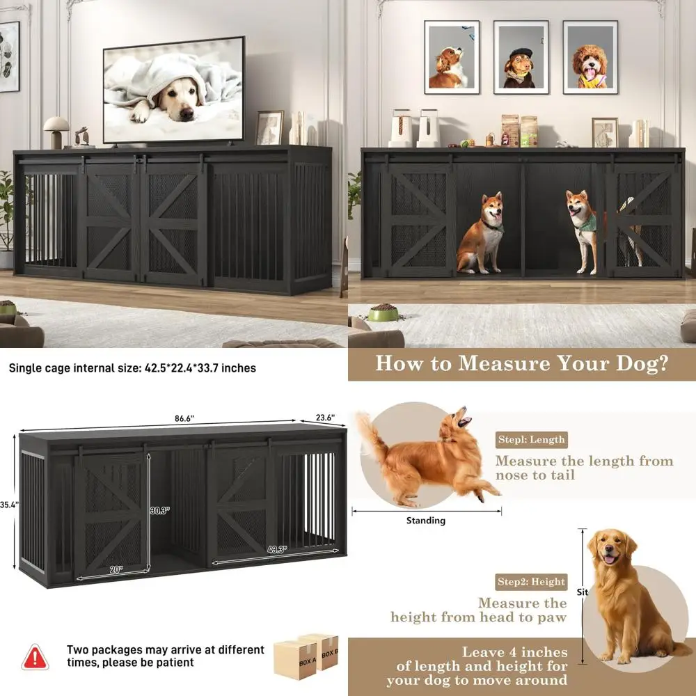 Wooden Dog Crate TV Stand with Sliding Metal Mesh Door, Large Kennel Furniture for Dogs