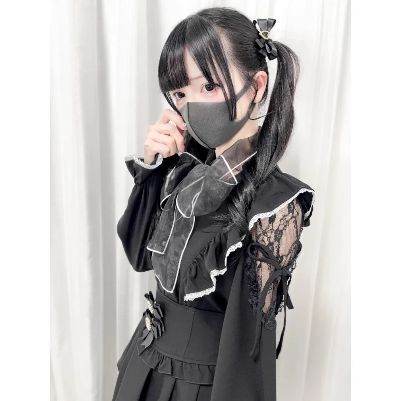 2025 Summer Mesh Big Bow Off-the-shoulder Lace Strap Flying Sleeve Shirt Japanese Mass-produced Mine Series Long Sleeves Blouse