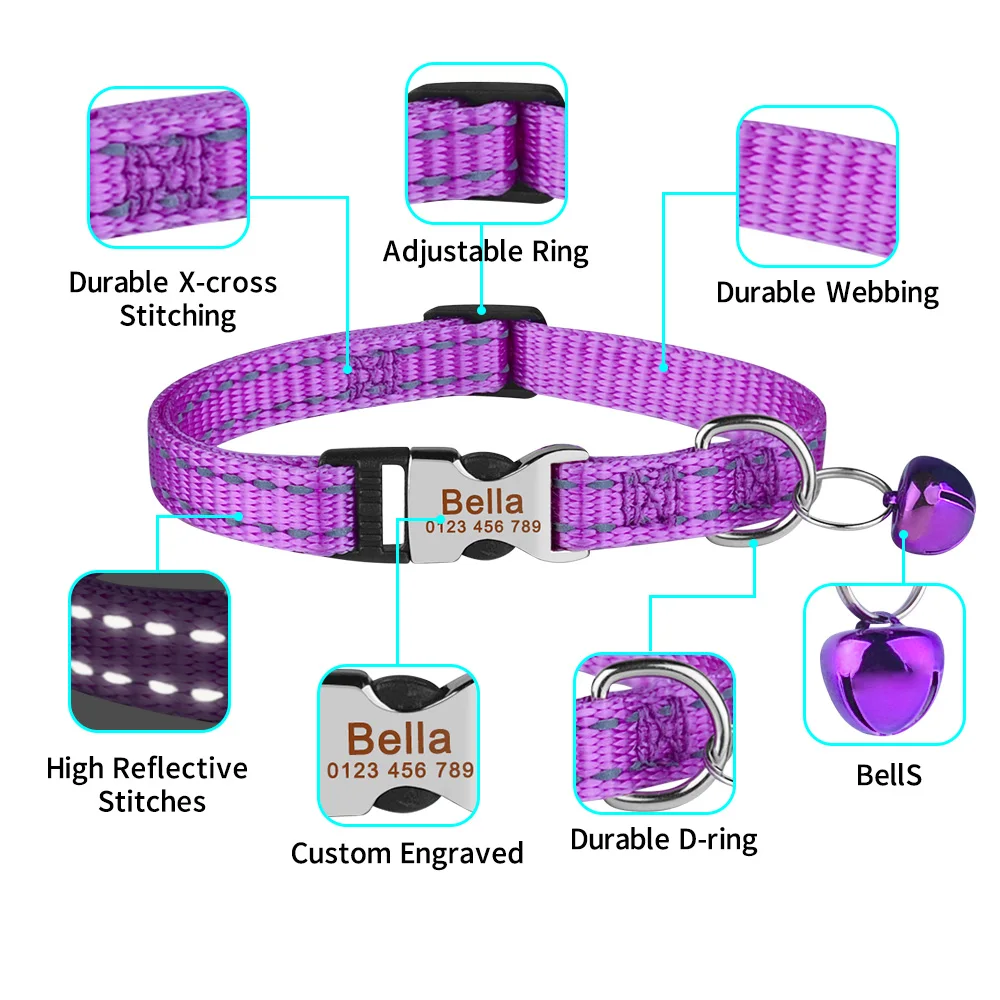 Personalized Pure Nylon Cat Collar Customized Buckle Engraved Collar Nameplate Name Adjustable Colorful Summer Free for S Cat