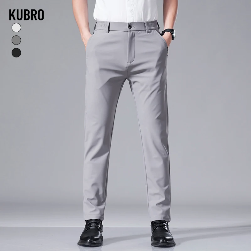 

KUBRO Harajuku Fashion Men Office Business Casual Trousers Summer Thin Soft Lyocell Ice Silk Slim Versatile Small Straight Pants