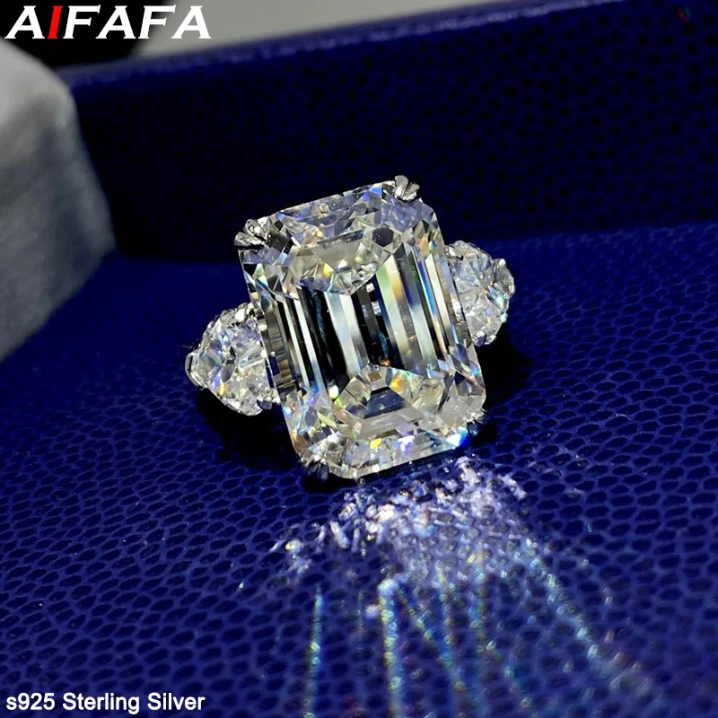 

12 Carat High Carbon Diamond s925 Silver Rings Twinkling 5A Grade Rectangle Big Gemstone Ring Fine Jewelry