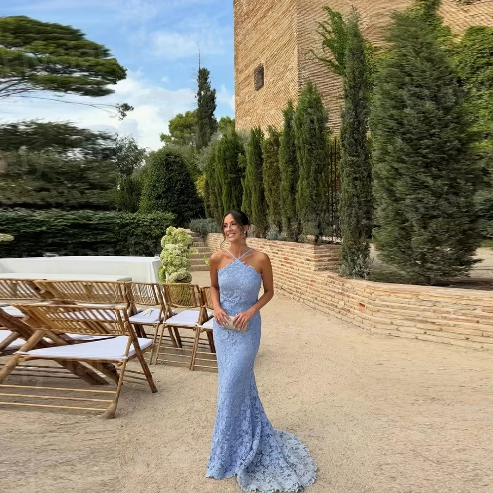 豪華な女性のマーメイドホルターネックイブニングドレスカスタマイズされたローブ・ド・ソワレウエディングドレスノースリーブレースvestidosパラムヘール