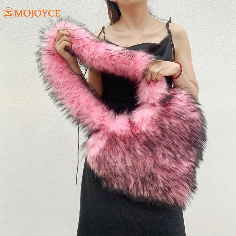 2023 New Luxury Faux Fur Handbag Women Winter Fluffy Plush Tote Messenger Bag Cute Heart Shaped Clutch Purse Love Crossbody Bags