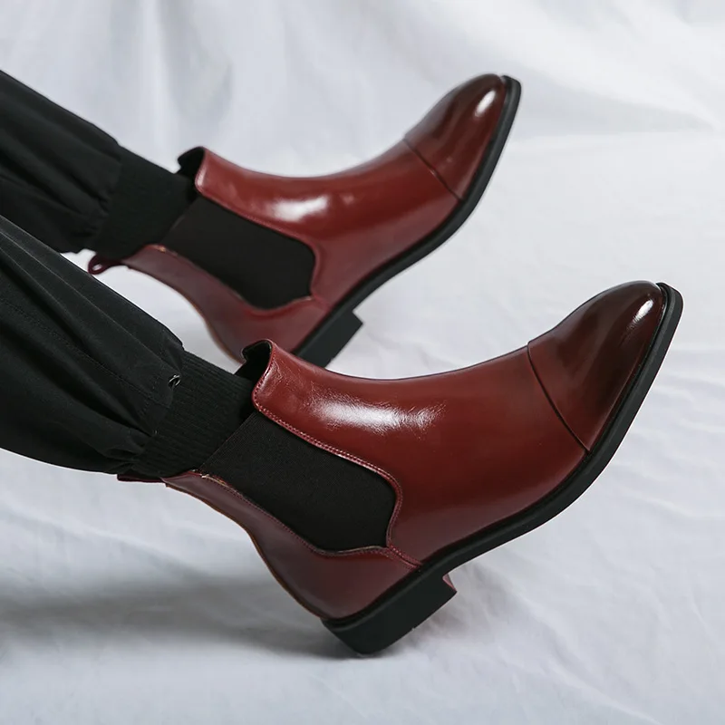 Men's Spring and Autumn High cut Red Leather Shoes with Pointed Toes  Large Size Boots  British Casual Chelsea Boots view 3