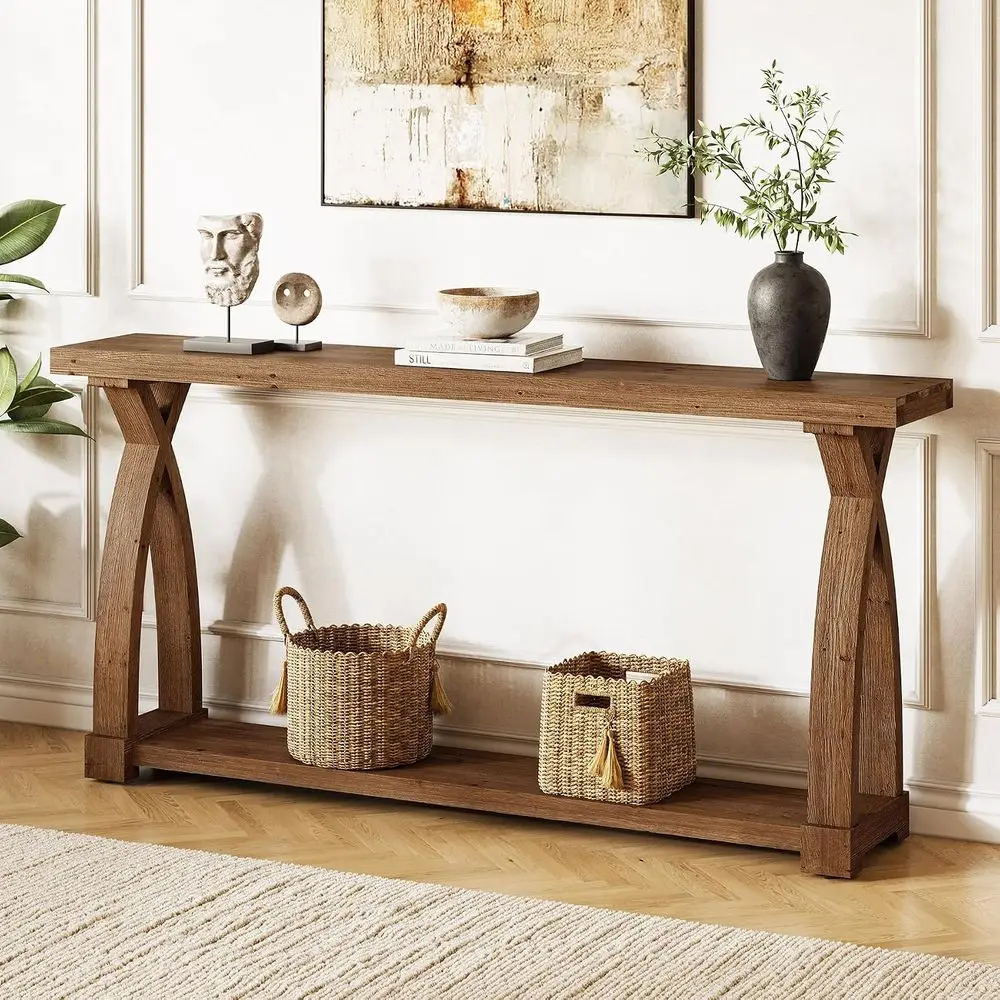 Solid Wood ole Table or Entryway, 63-Inch Narrow armhouse Couch Table Behind Soa with 2-Tier Storage or Entrance, oyer, Living R