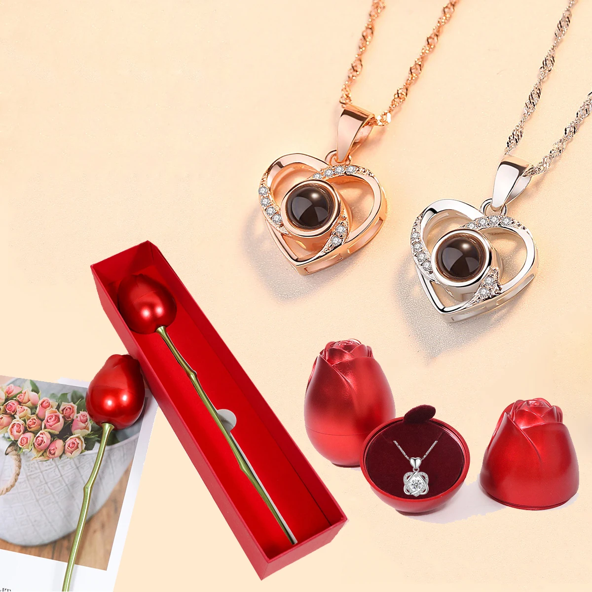 Love Heart Necklace With Rose Gift Box For Women Girlfriend 2023 Valentine Day Present Fashion Romantic Jewelry Birthday Gifts