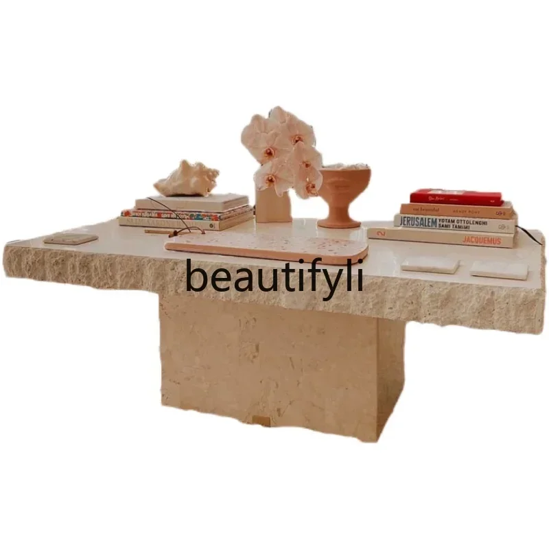 

LXWabi Sand Travertine Coffee Table Natural Marble Rectangle Short Coffee TableSSS