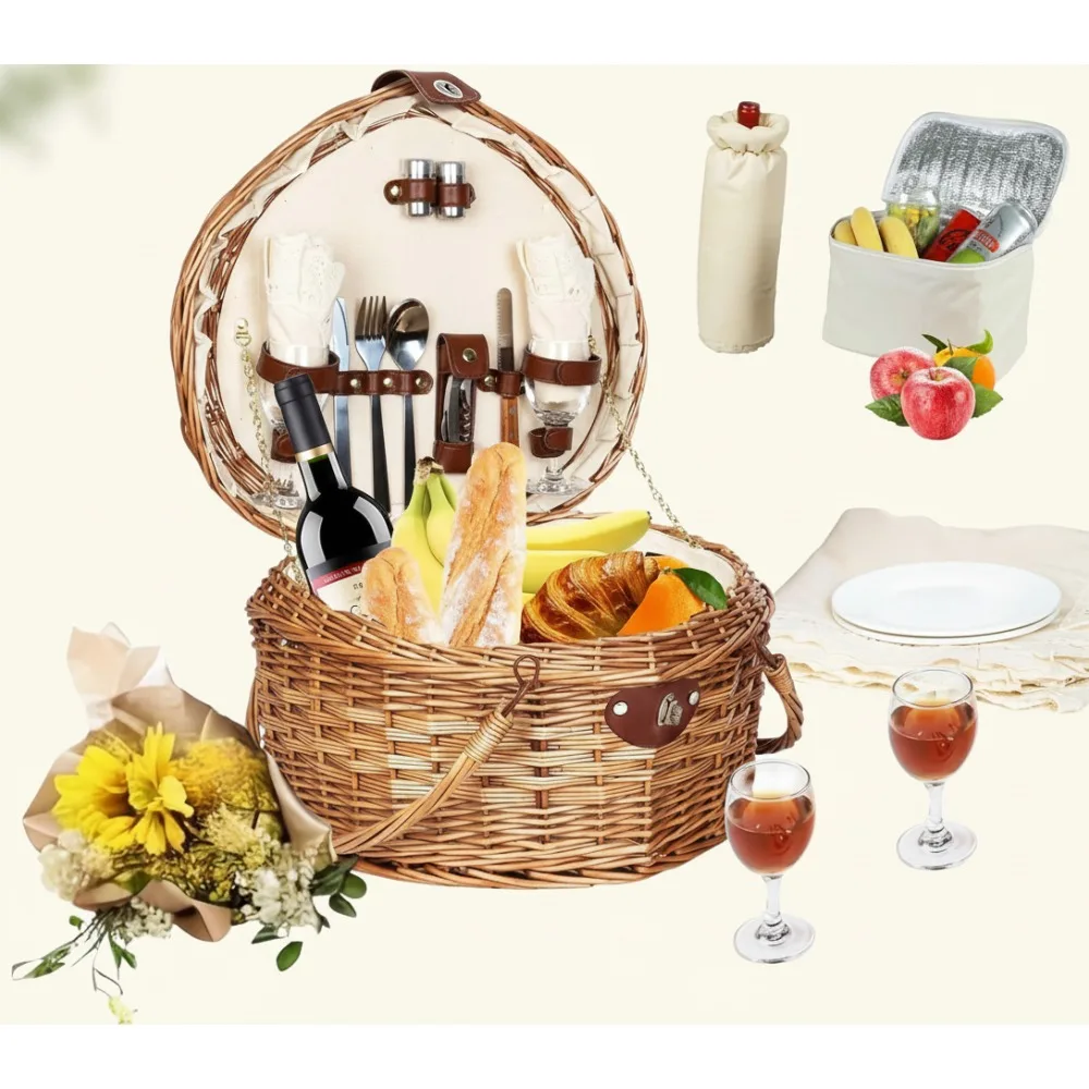 

Романтический набор корзин для пикника в форме сердца для пар, плетеная ива с посудой для свиданий и подарков на открытом воздухе