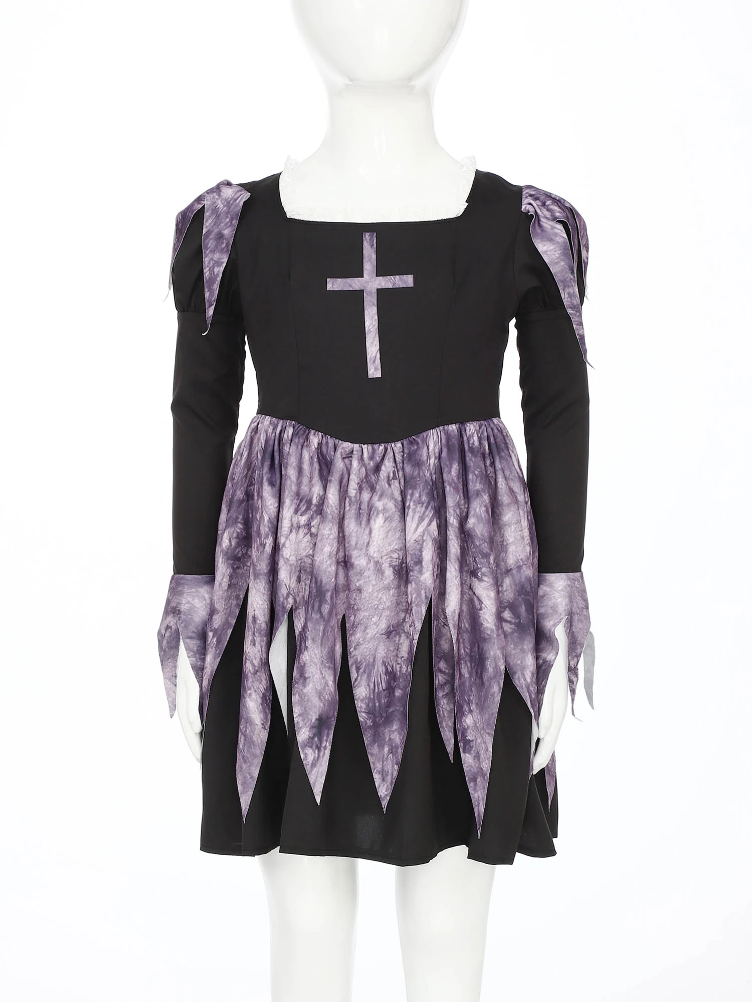 Girls Nun Religious Halloween Themed Party Cosplay Costume Lace Ruffled Dress with Matched Veil And Touch Fastener Neckwear - Image 3
