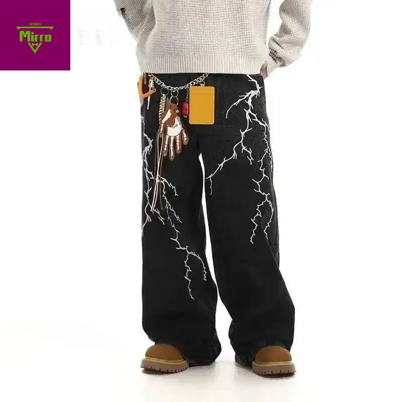 American Vintage Men's Trousers Niche Lightning Embroidered Washed Jeans High Street Loose Wide Leg Denim  Pants