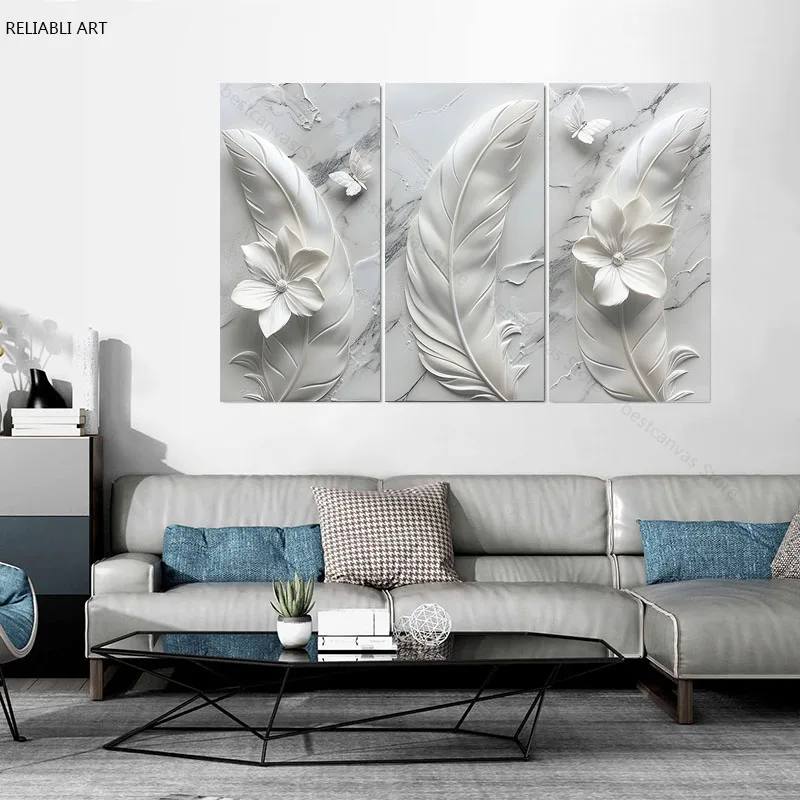 

3pcs Abstract Art Feather Flower Canvas Print Poster,Wall Decor Paintings,Picture For Modern Living Room Decor Cuadros Unframed