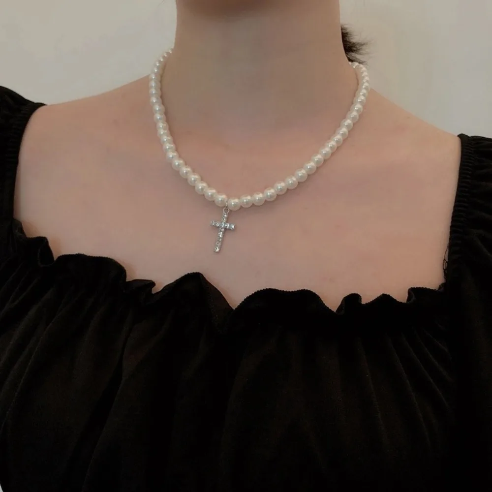 Pearl Beads Chain Cross Pendants Necklace Men Trendy White Beaded Choker Shiny Rhinestone 2023 Fashion Jewelry Male