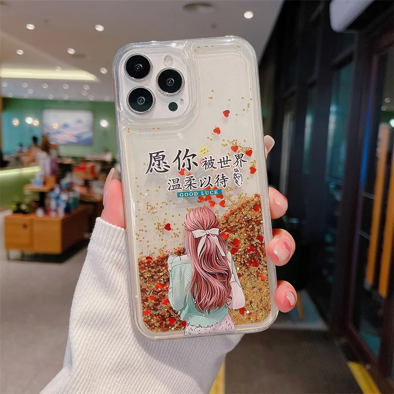 Cute Girl Quicksand Cell Phone Case for iPhone 16 15 14 Pro Max 13 Cover Moving Sand Glitter Sequins Dynamic Liquid Fundas Shell