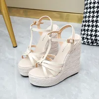 14CM Women's Summer Cowhide High Heel Anti slip Sandals Outdoor Banquet Party Luxury Slope Heel Sandals Handmade Hemp Rope