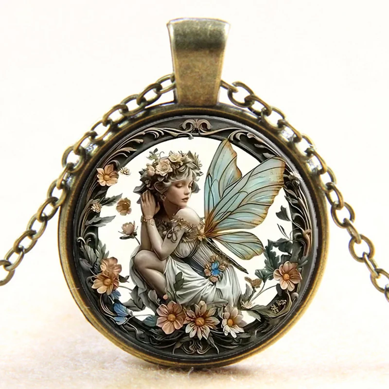 Vintage Round Butterfly Fairy Glass Dome Pendant Necklace Flower Angel Necklaces For Women Girls Gifts
