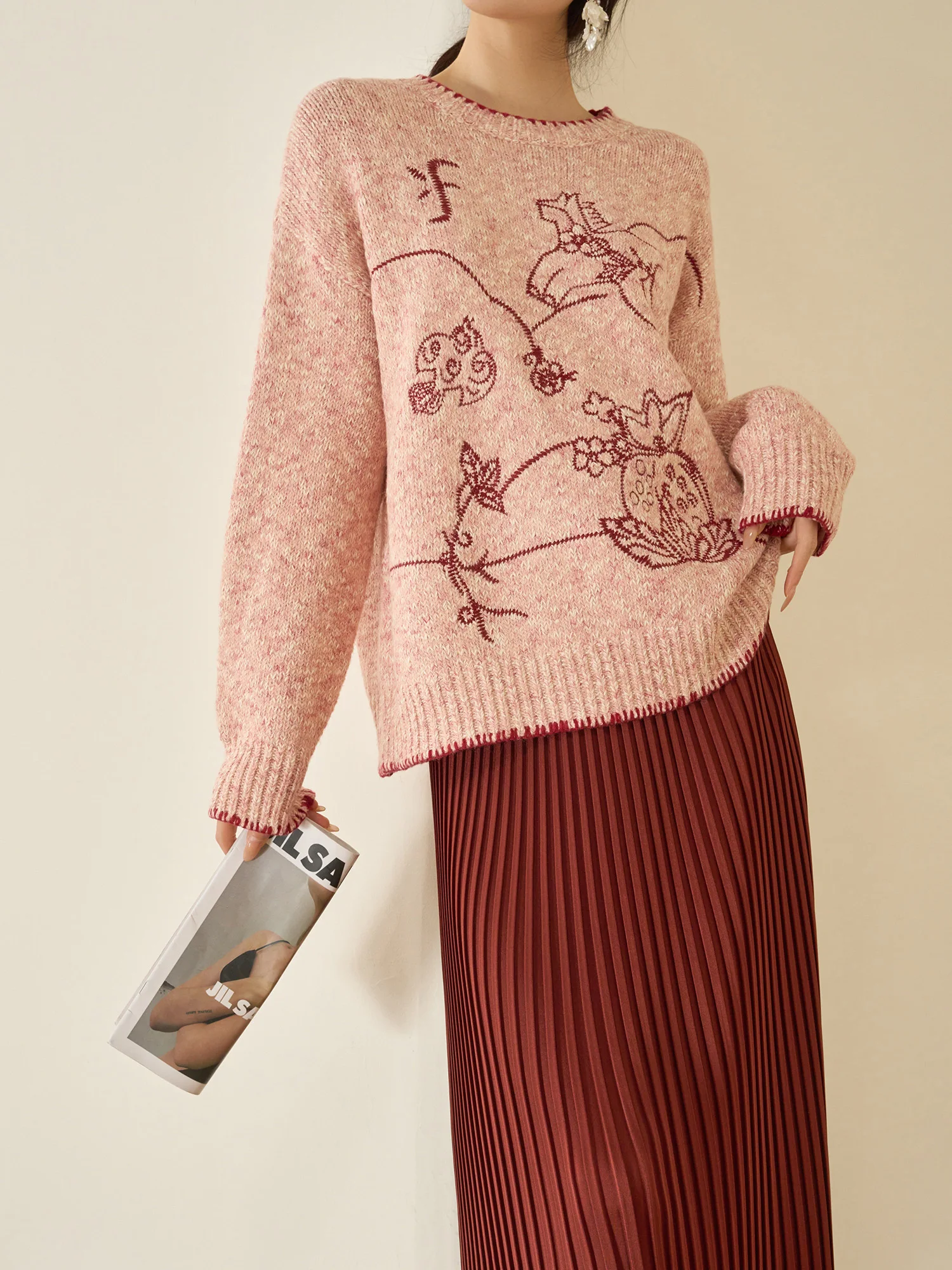 

Свитер Flowing Era с вышивкой, свободного кроя, с круглым вырезом, в стиле Lazy Sle, розовый, удобный, мягкий, из полиэстера, с длинными рукавами, вязаный топ для женщин