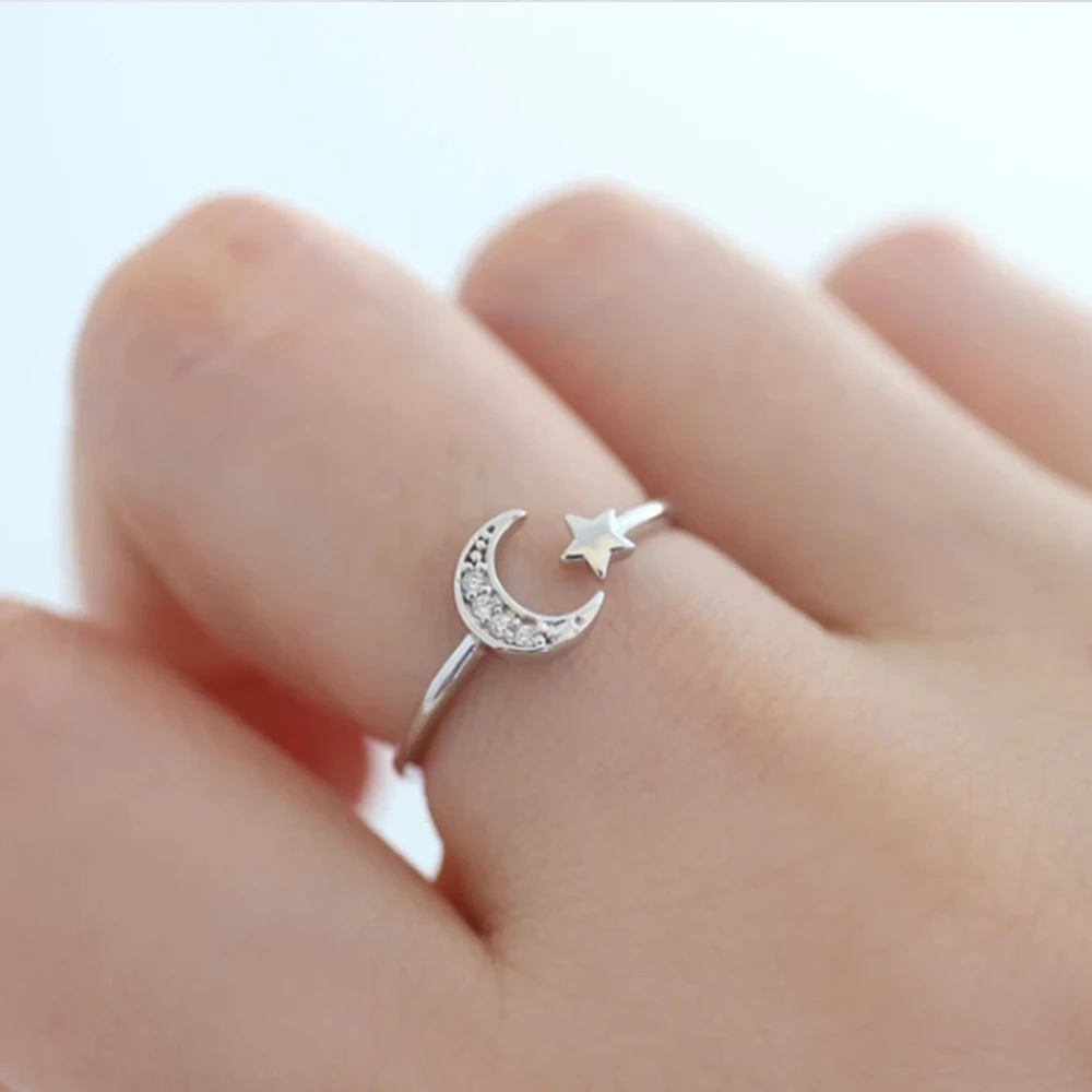 Huitan Fancy Finger-ring for Women Silver Color Band Star and Moon Design Adjustable Opening Rings Daily Wear Fashion Jewelry