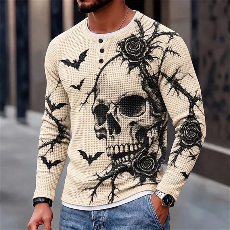 2026 Vintage Men's Long-Sleeve Waffle-Knit Top Halloween Skull And Rose Print Henley Neck Long-Sleeve Fall Casual Sweatshirt