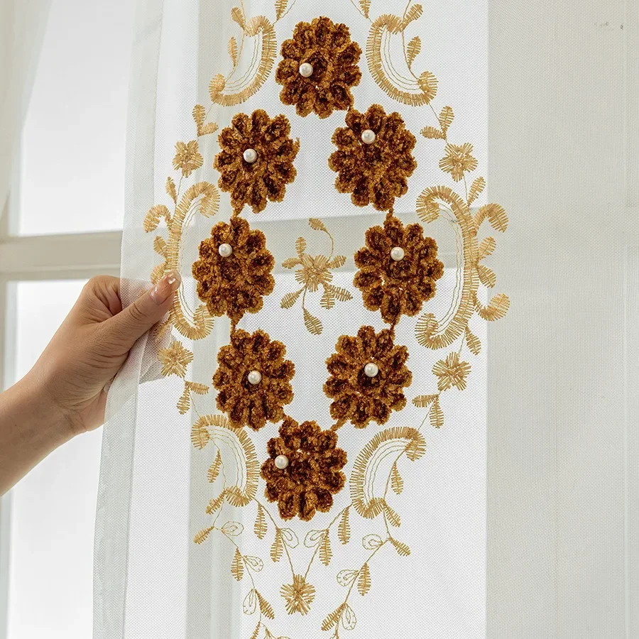 Custom Size Embossed Handmade Stapled Beads Embroidered Floral Gauze Curtains Living Room Bedroom Balcony Home European