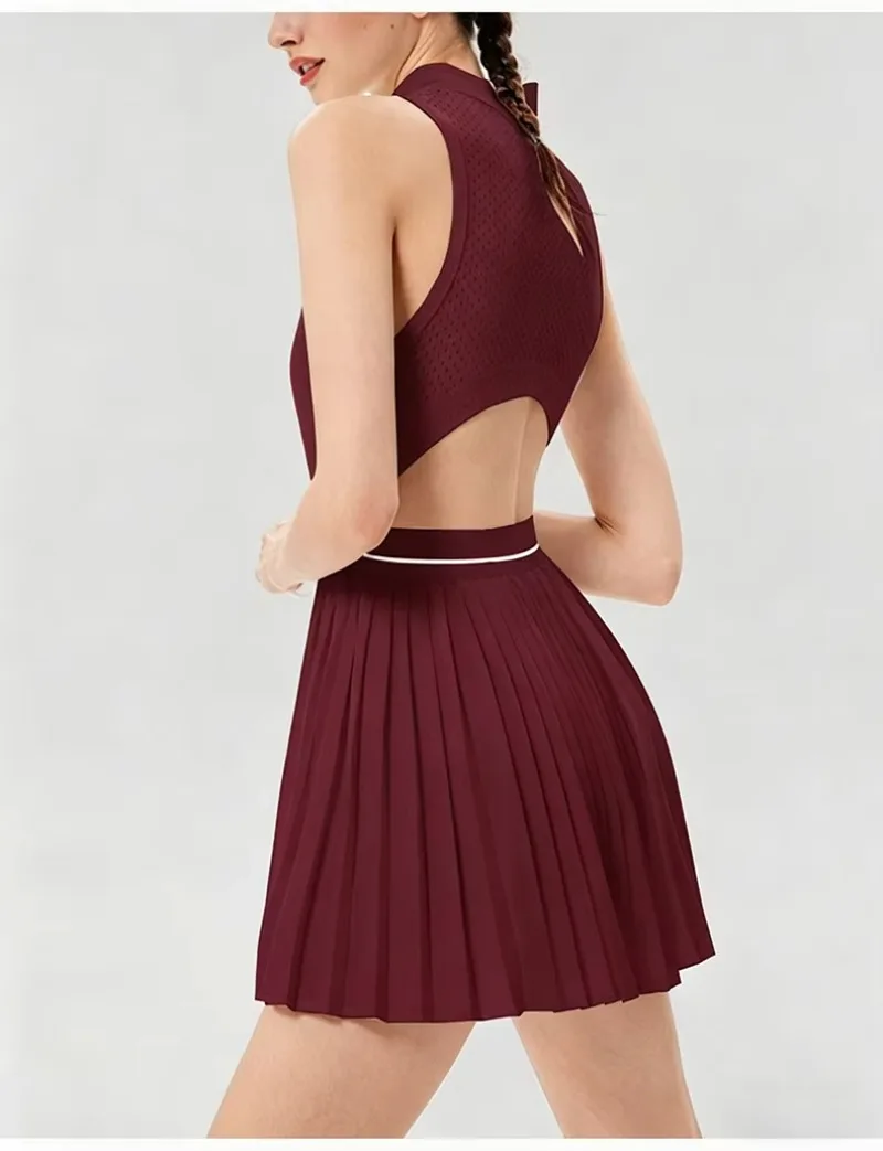 Damen-Tenniskleid mit Reißverschluss, Polokragen, integriertem BH und kurzen Ärmeln, atmungsaktives, ärmelloses Golf- und Sportkleid, schnelltrocknend, dehnbar, ideal für sportliche Aktivitäten. – Detail 18