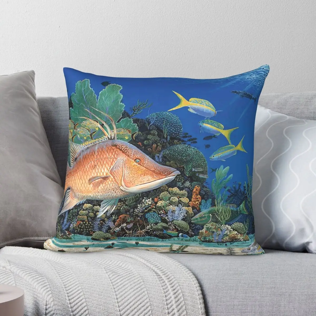 Funda de almohada Hogfish Heaven Reef, funda de almohada decorativa con cremallera creativa de terciopelo y lino de poliéster, funda de cojín para cama, 45x45