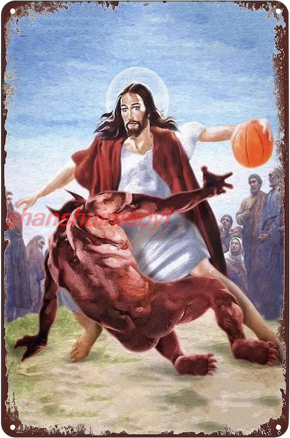 Vintage Metal Tin Sign - Jesus vs Satan in Basketball Poster Funny Signs Wall Art Decor Plaque for Home Bar Pub Club Ca sha sign