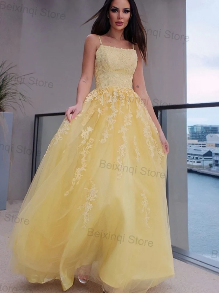 

Women'S Elegant Dresses Yellow Tulle Appliques Suspenders Long Skirt New Product Lace Up Evening Dress Luxury Ball Wedding Gown