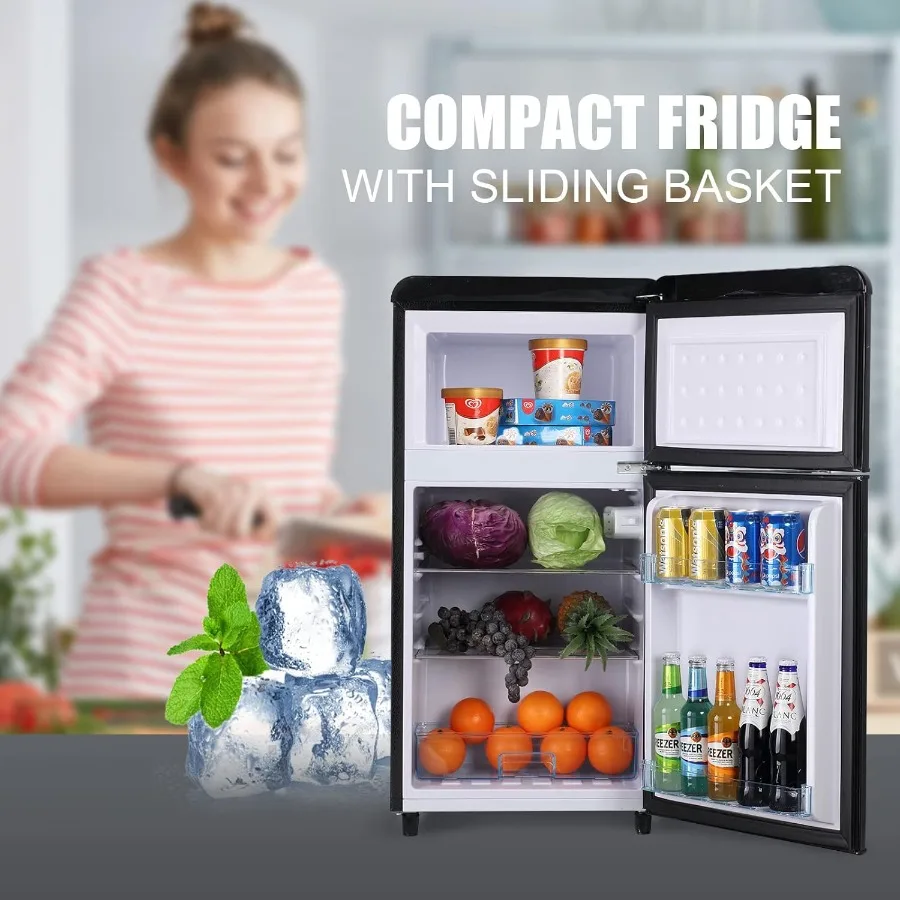 ثلاجة صغيرة مدمجة ببابين 3.5 قدم مكعب مع أرفف زجاجية قابلة للتعديل، تصميم كلاسيكي قديم مثالي لغرف النوم والكراجات المكتبية