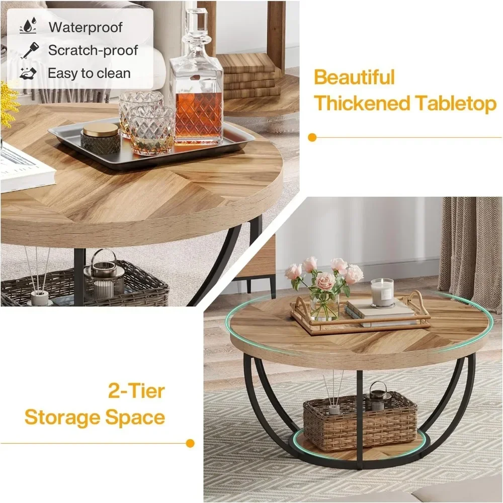 31.7" Industrial 2-Tier Circle Coffee Table with Storage Shelves, Modern Wooden Accent Center Table Sofa Side Table