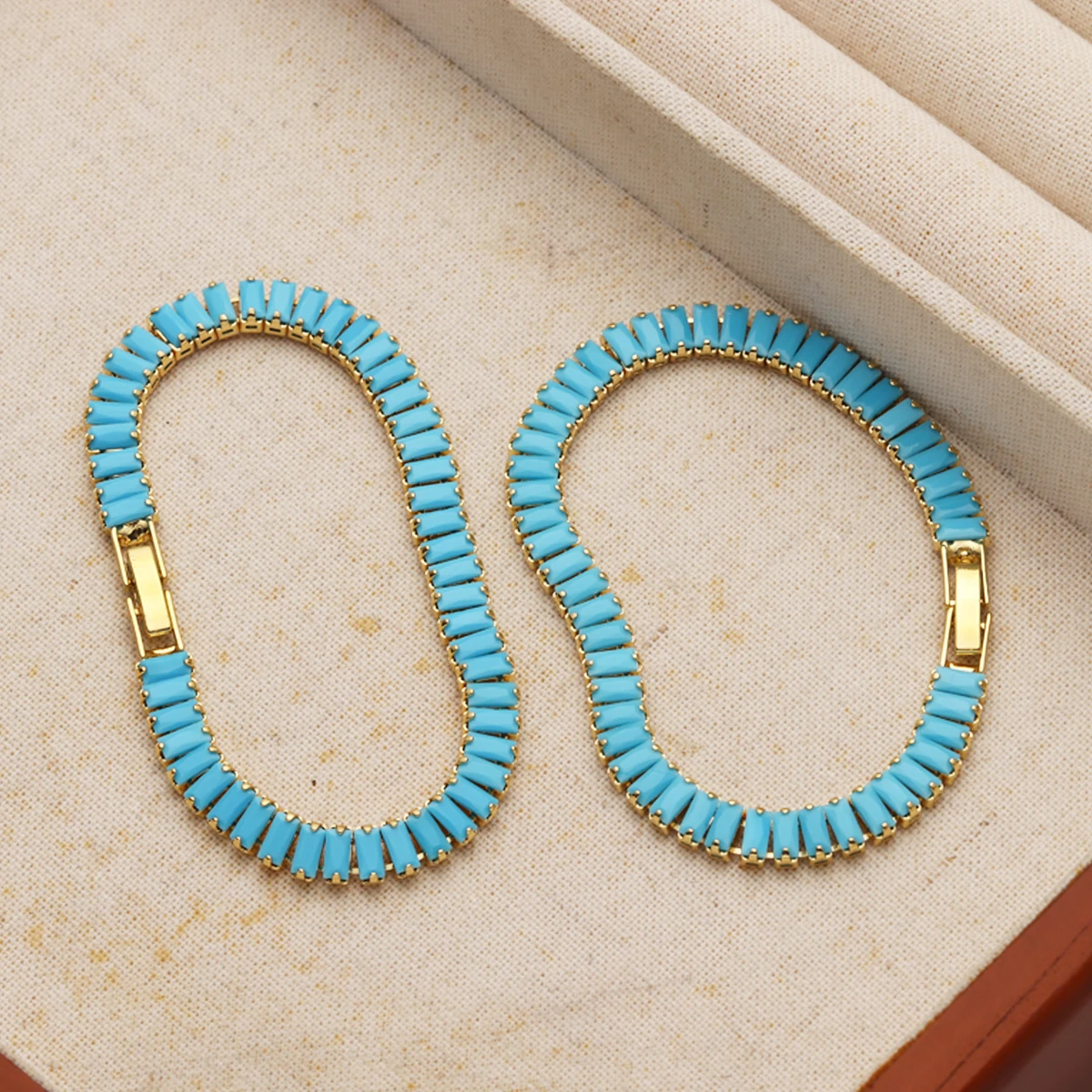 New Blue Turquoise CZ 1 Row Tennis Chain Bracelet Hip Hop Iced Out Natural Stone Jewelry Gold Color For Women Men