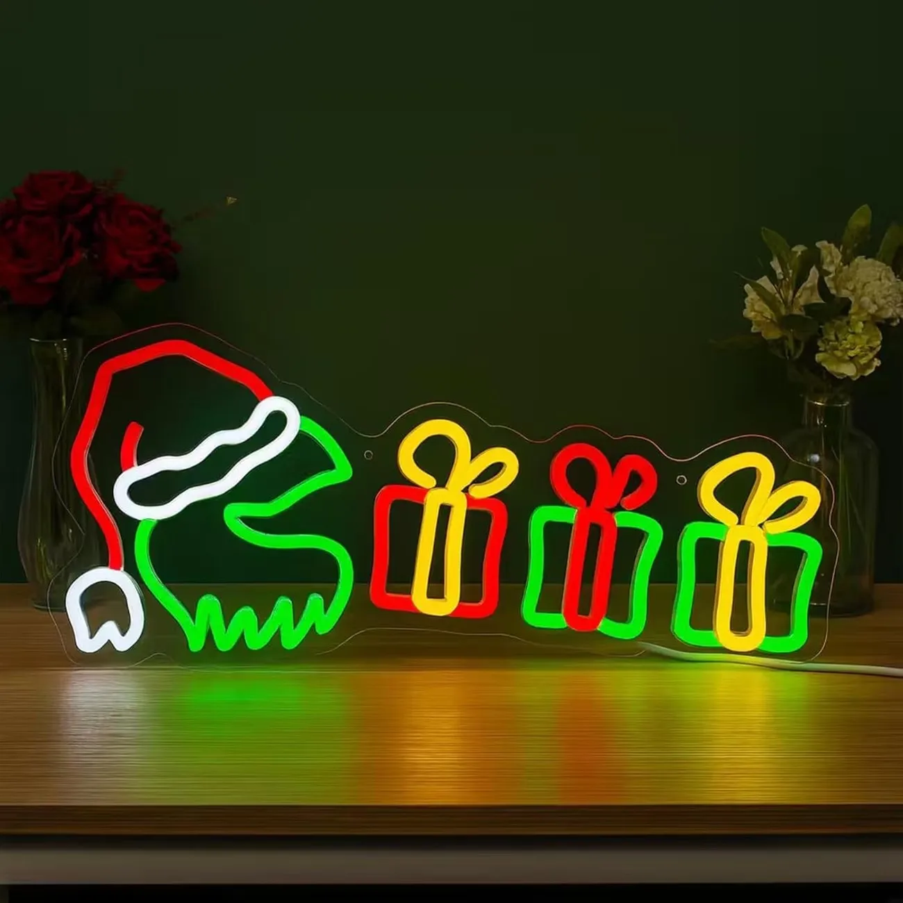 Christmas Santa Gift Boxes LED Neon Light Wall Decor USB Hanging Lamp Winter Xmas Home Atmosphere Decoration Gift