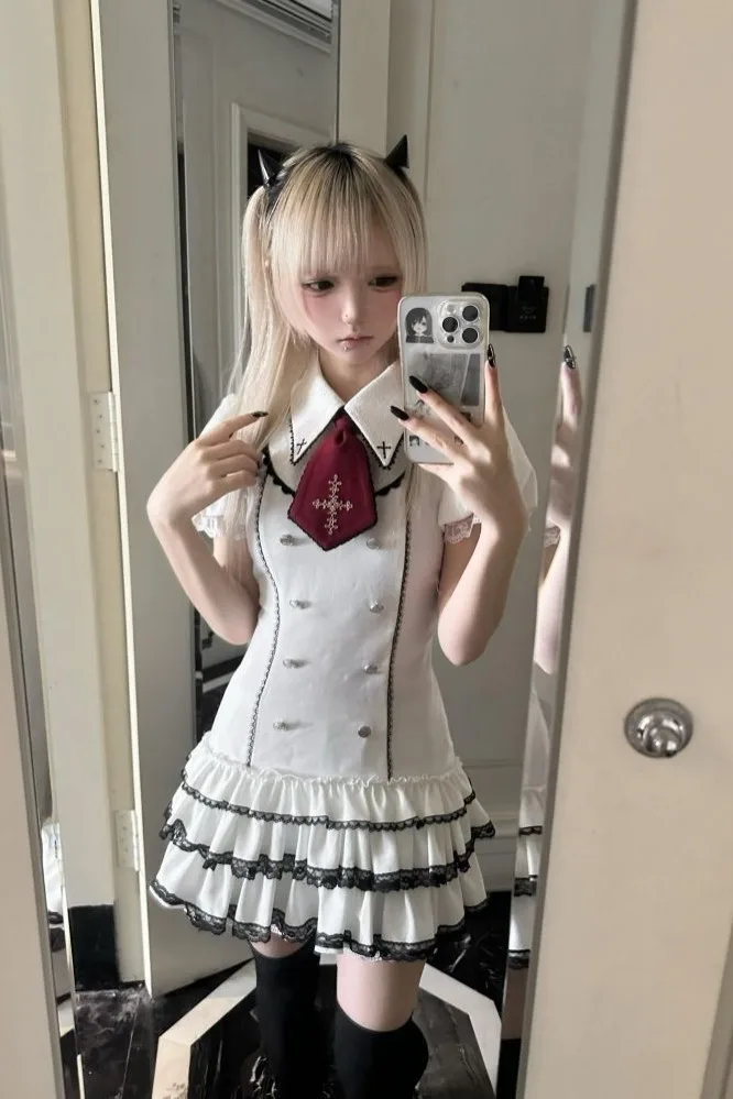 Gothic Lolita Jirai Kei Vintage Plaid Mini Dress Women New Double Breasted Puff Sleeve Cross Decor Harajuku Casual Streetwear