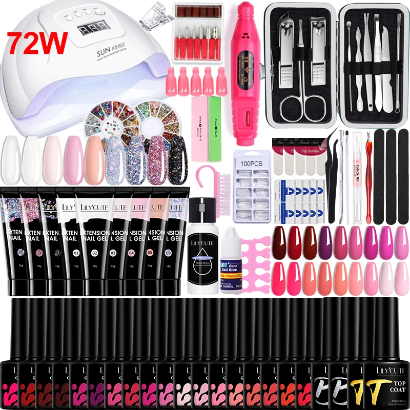 Manicure Set Acrylic Nail Kit Nail Clipper Tool Set Semi Permanent Extension Nail Gel With UV Lamp Nail Drill Machine Tool Kit