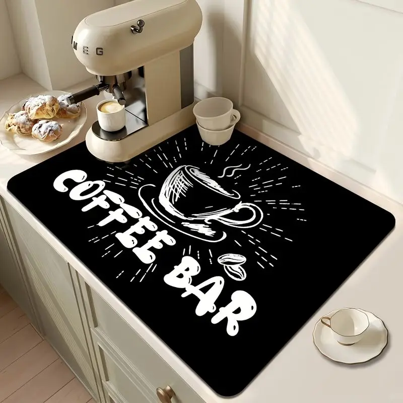 VIKAMA Chalkboard Style Coffee Bar Drip Mat Hand Drawn Sketch Coffee Cup Absorbent Non Slip Kitchen Countertop Mat Home Decor