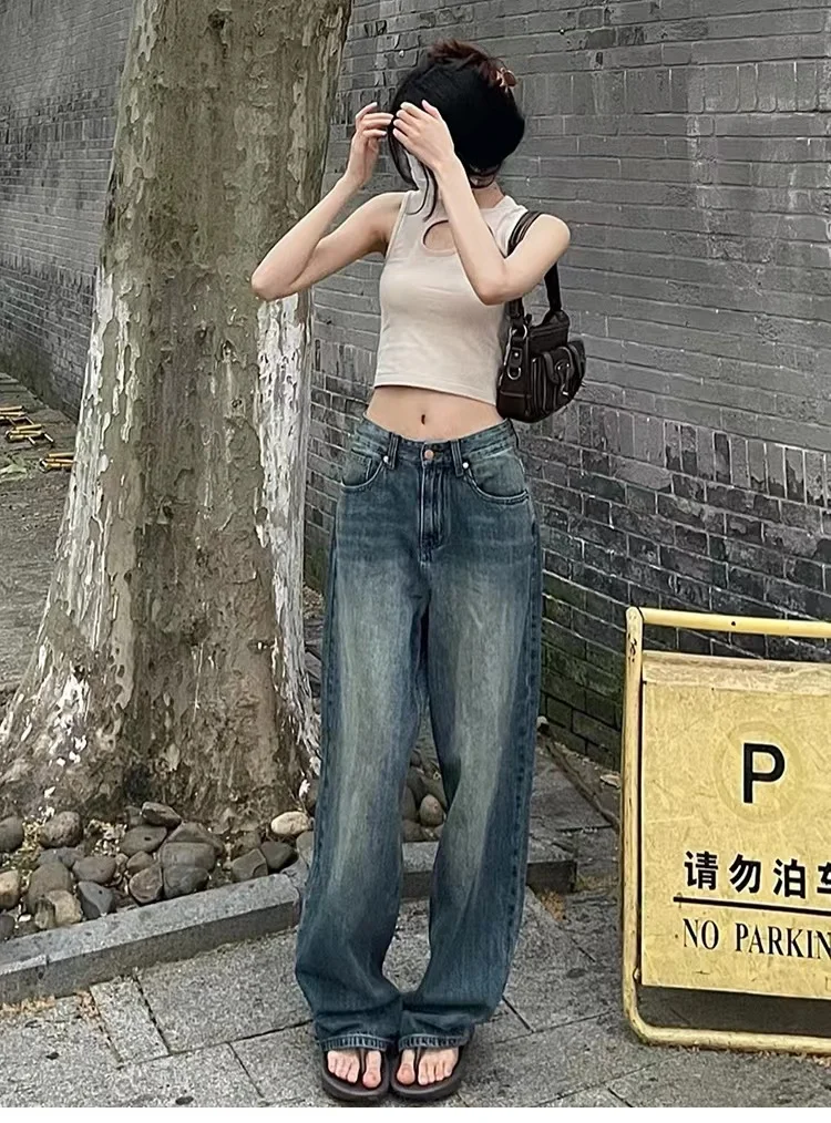 ハイウエストストレートレッグフロアレングスパンツ韓国スタイルルーズフィット痩身効果春コレクションレディースジーンズ