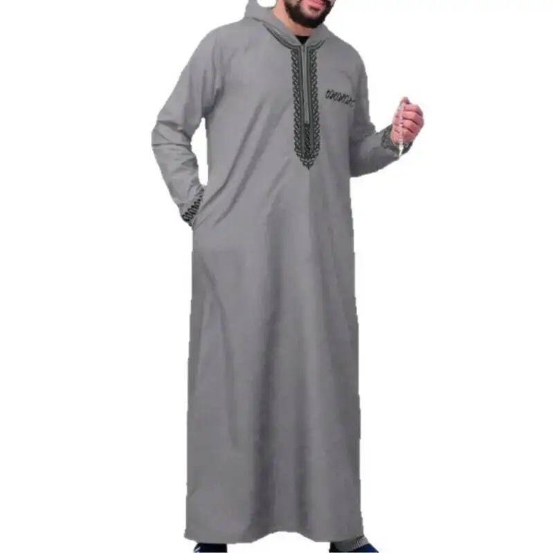 2025 Loose Muslim Men's Robe Long Sleeve Embroidered Hooded Zipper Islamic Loose Casual Men's Robe Dubai Luxury Islam Elegant