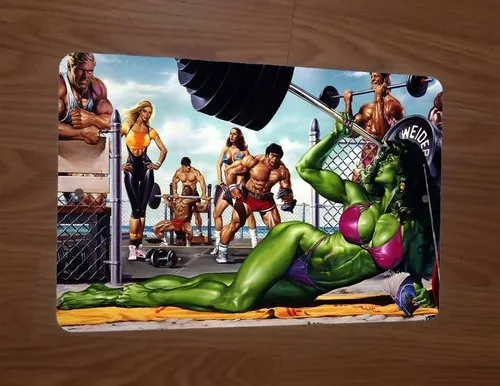 She Showing Off Power Lifting Barbell Weights  Metal Wall Sign