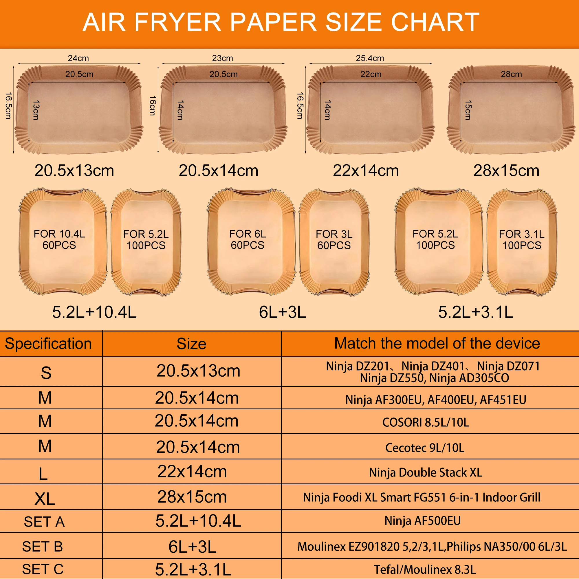 Air Fryer Baking Paper for Ninja Foodi Dual DZ201/DZ401/AF300EU/AF400EU/AF500EU/ FG551,COSORI 8.5L/10L,Cecotec 9L/10L,Tefal