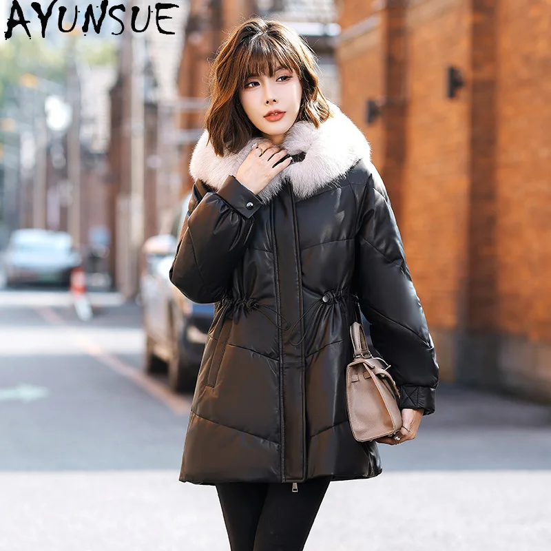 

AYUNSUE Sheepskin Genuine Leather Jacket Winter Clothes Women Mid-length Fashion Down Coats Woman Warm Fox Fur Collar Loose Fit