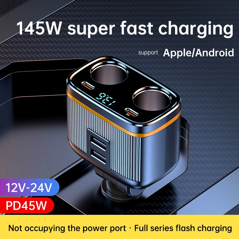 6 in 1 담배 라이터 분배기 145W USB C 차량용 충전기 4 포트 PD30W 어댑터 모든 자동차 장치 용 전압 디스플레이