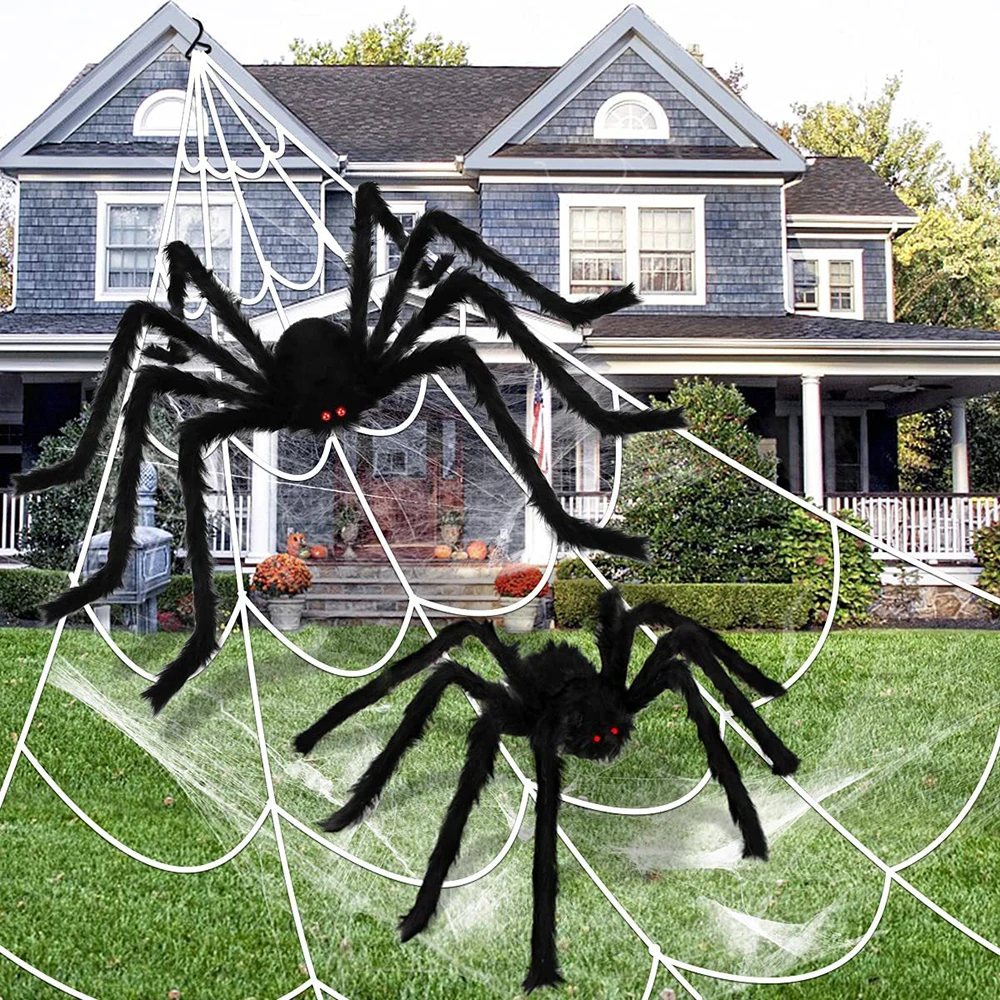 Halloween Black Scary Giant Spider Huge Spider Web Halloween Decorations Haunted House Plush Large Araneid Prank Trick Supplies