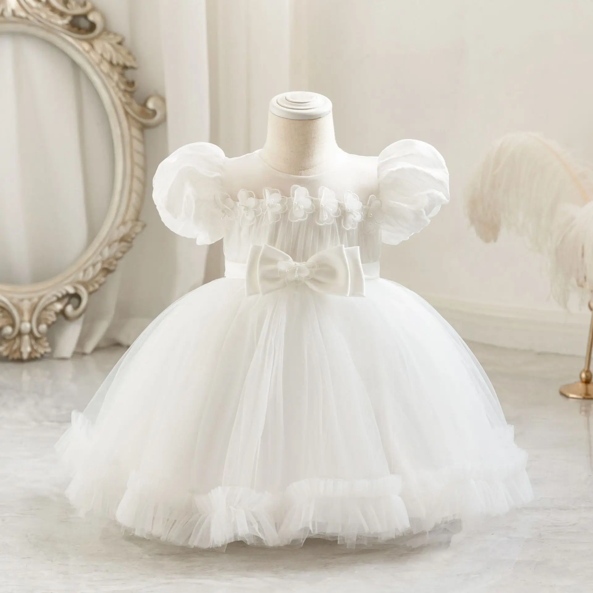 Baby Toddler Puff Sleeves Appliqued Flower Girls Birthday Party Pageant Toddler Formal Dress TT103