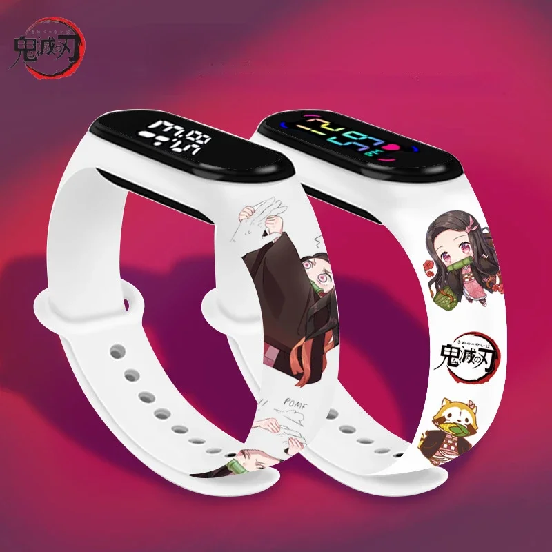 Demon Slayer Led Kleurrijke Klassieke Witte Mi Horloge Anime Figuren Kamado Tanjirou Nezuko Waterdicht Sporthorloge Kids Cadeau Speelgoed