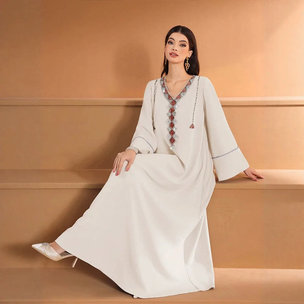 

Ky1899-3-women's Handmade Beaded Dress, Solid Color Elegant V-neck Embroidered Long Dress Ramadan Dubai Luxury Islam Elegant